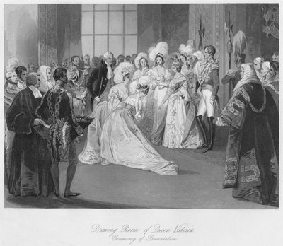 Salon van Koningin Victoria. Ceremonie van presentatie, ca. 1841 door Henry Melville