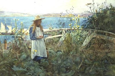 Een meisje in een tuin bij de zee door Henry Meynell Rheam