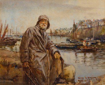 Visser op Newlyn Havenmuur, 1920 door Henry Meynell Rheam