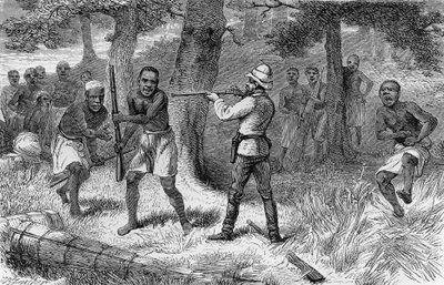Opstand van inboorlingen langs de oevers van de Gombe rivier, Tanzania, gravure uit Hoe ik Livingstone vond: reizen, avonturen en ontdekkingen in Centraal-Afrika, door Henry Morton Stanley door Henry Morton Stanley