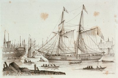 Schetsen van schepen getekend en geëtst door Henry Moses: hulken bij Sheerness door Henry Moses