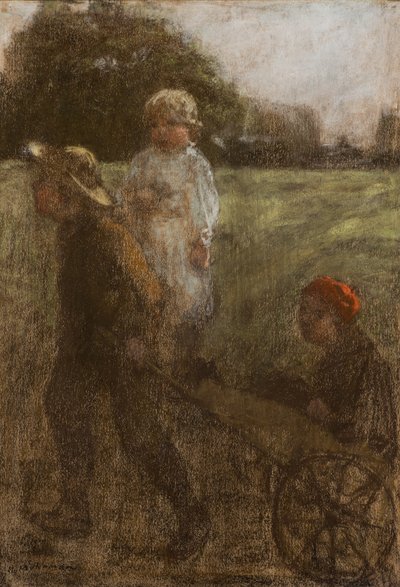Kinderen met kruiwagen door Henry Muhrmann