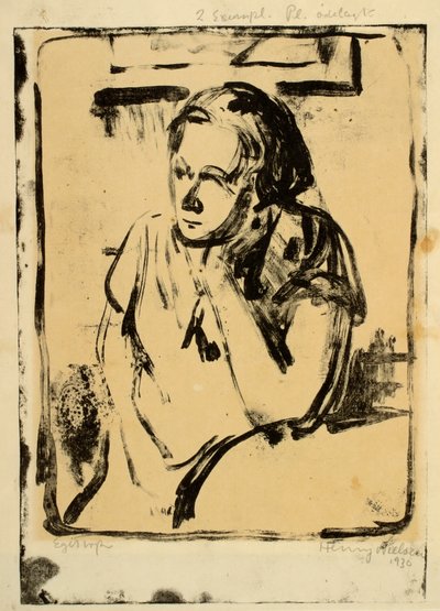Vrouw zit aan ronde tafel met hand onder de kin door Henry Nielsen