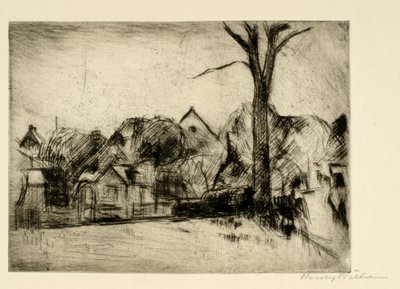 Landschap met hoge boom en huizen door Henry Nielsen