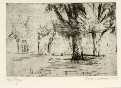 Park met twee wandelaars en lantaarn door Henry Nielsen