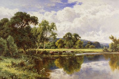 Een bebost rivierlandschap met vee door Henry Parker