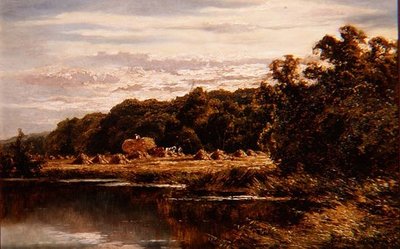 Oogsters in een Veld bij een Rivier door Henry Parker