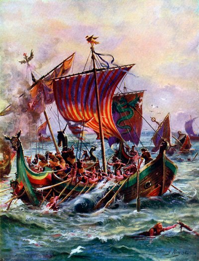 Alfreds galeien vallen het Viking drakenschip aan, 897 AD, ca. 1920 door Henry Payne
