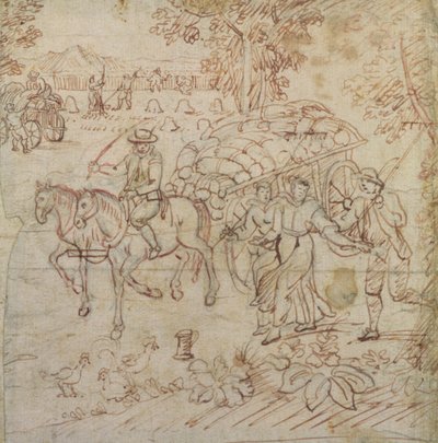 Landschap met oogsters die naar huis terugkeren, c.1595-1605 door Henry Peacham