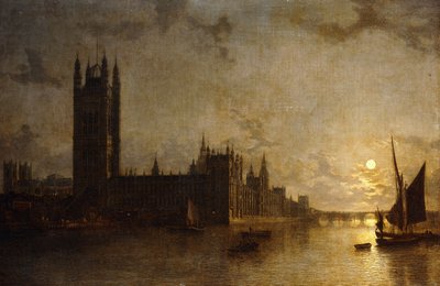 Westminster Abbey, de huizen van het parlement met de bouw van de Westminster Bridge, 1859 door Henry Pether