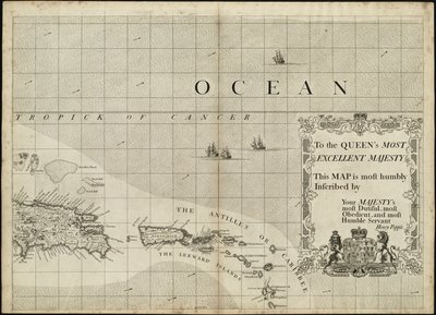 Een kaart van het Britse Rijk in Amerika met de Franse en Spaanse nederzettingen ernaast door Henry Popple