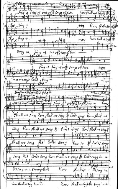 Handschrift van de partituur voor Psalm 137 Hoe zullen we het lied van de Heer zingen in een vreemd land, voor 1683 door Henry Purcell