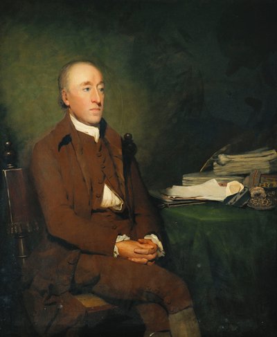Portret van Dr. James Hutton, zittend driekwart lengte in een bruine jas en broek en witte kous, een stapel geologische specimens op de tafel naast hem door Henry Raeburn