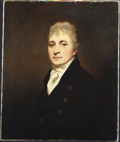 Portret van Thomas Bissland, half lengte, met een zwarte jas en witte das door Henry Raeburn