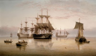 Oorlogsschepen en andere schepen voor anker in een kalmte door Henry Redmore