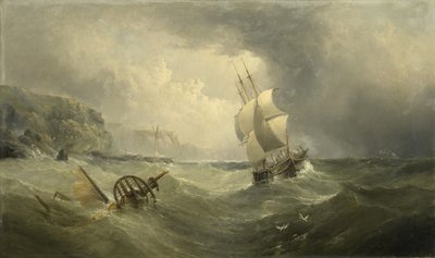 Schepen voor de kust in een stormachtige zee, 1874 door Henry Redmore