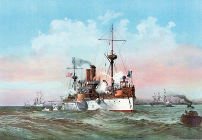 De Maine groet het Spaanse vlaggenschip bij aankomst in de haven van Havana door Henry Reuterdahl