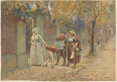 Man met een kijkkast en een liedverkoopster door Henry Reynolds Steer (signed by artist)