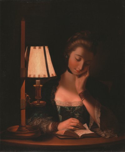 Vrouw die leest bij een papieren lampenkap door Henry Robert Morland