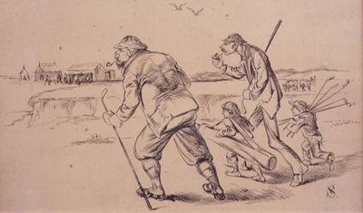 Golfers op weg naar de oefening op het strand, illustratie uit 