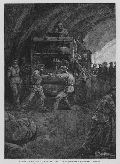 Gevangenen malen rogge in de Alexandrofski Centrale Gevangenis door Henry Sandham
