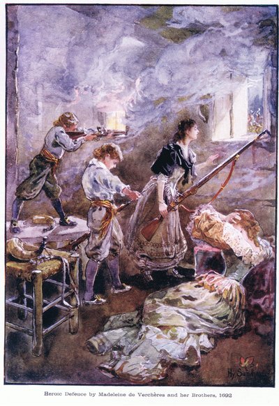 Heroïsche verdediging door Madeleine de Vercheres en haar broers 1692, ca. 1920 door Henry Sandham