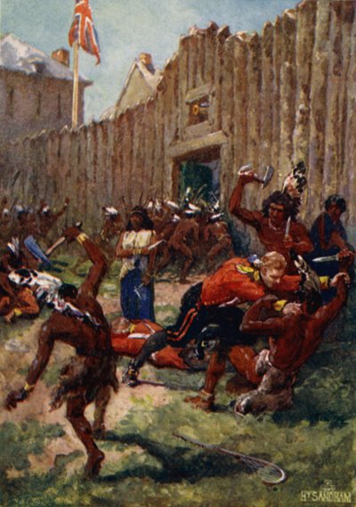 Ojibwe Indianen verrassen de Britten bij Fort Michilimackinac, 1763 door Henry Sandham