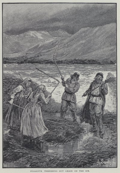 Boeren die graan dorsen op het ijs door Henry Sandham