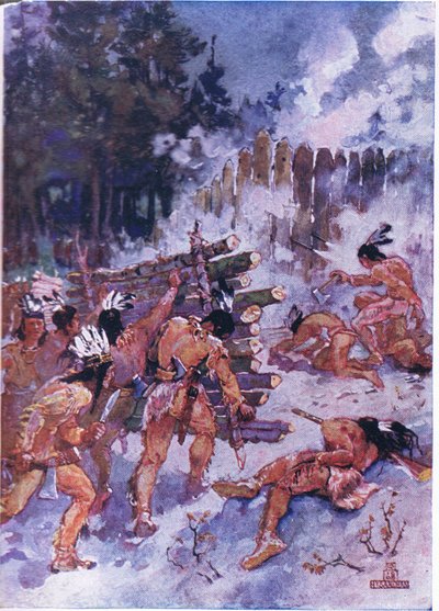 Rode Indianen die een schans aanvallen door Henry Sandham