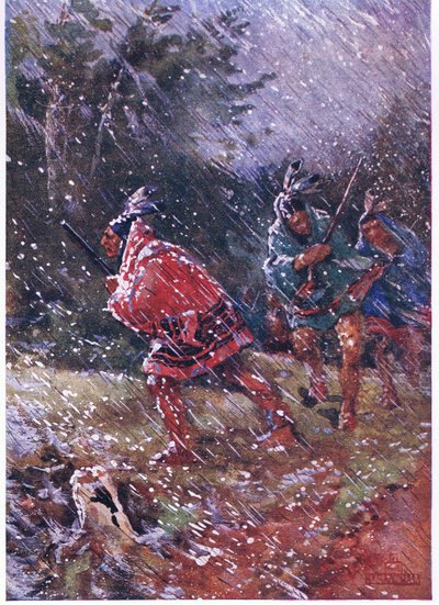 Rode Indianen jagen in een sneeuwstorm door Henry Sandham