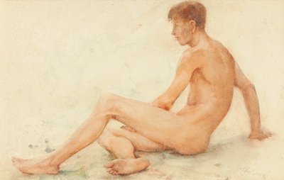 Studie van een mannelijk naakt, zittend, naar rechts draaiend door Henry Scott Tuke