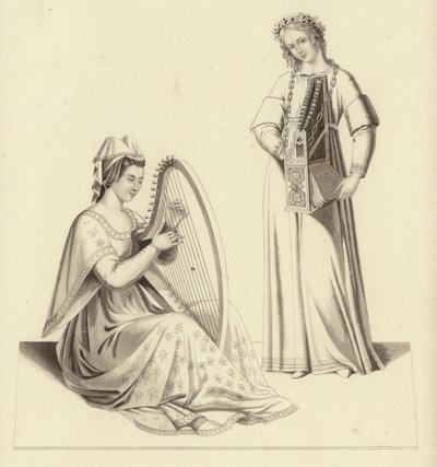 Dames spelen op de harp en orgel, begin 14e eeuw door Henry Shaw