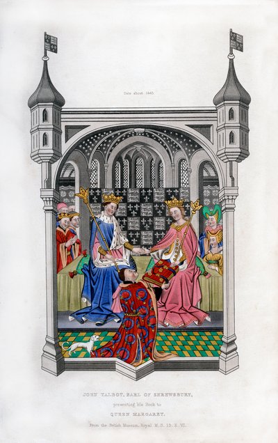 De Graaf van Shrewsbury presenteert zijn boek aan Koningin Margaret, c1445, 1843 door Henry Shaw