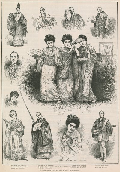 Schetsen van The Mikado in het Savoy Theatre door Henry Stephen Ludlow