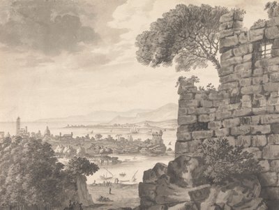 Landschap met ruïnes op de voorgrond, haven en dorp op de achtergrond door Henry Swinburne