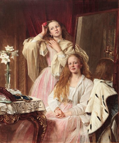Portret van Emma en Frederica Bankes van Soughton Hall aan hun kaptafel, 1869 door Henry Tanworth Wells