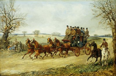 Een Koets en Vier Paarden op een Herfstweg door Henry Thomas Alken