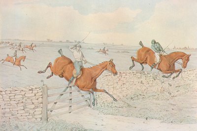 Een Steeplechase: Een klap tegen een stenen omheining. 5 tegen 4 op wit, 1827 door Henry Thomas Alken