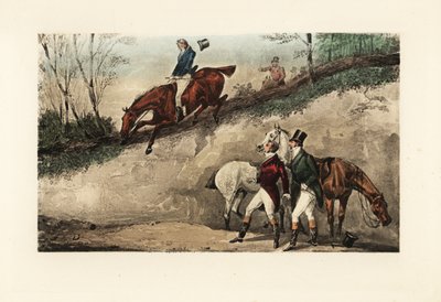 Engelse heer te paard die een sprong maakt van een steile oever door Henry Thomas Alken