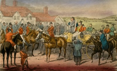 Mr. Jorrocks verklaart zijn onvermogen om bij te dragen aan de Surrey Stag-hounds, 1838 door Henry Thomas Alken