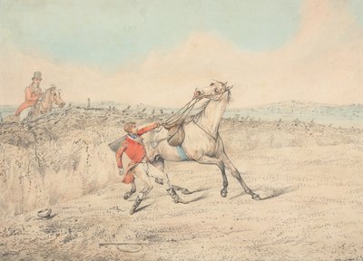 Ruiter die zich na een val aan een grijs paard vasthoudt door Henry Thomas Alken