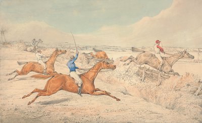 Steeplechase: vier ruiters nemen een greppel en een oxer door Henry Thomas Alken