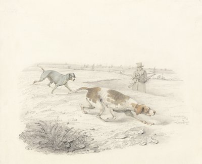 Twee Pointers, naar rechts gericht met een sportman (grafiet en aquarel op papier) door Henry Thomas Alken