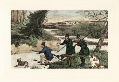 Victoriaanse heren jagen op eenden met geweren en honden op een bevroren meer door Henry Thomas Alken
