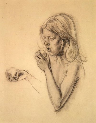 Hoofd en schouders van een meisje als Eva (?) door Henry Tonks