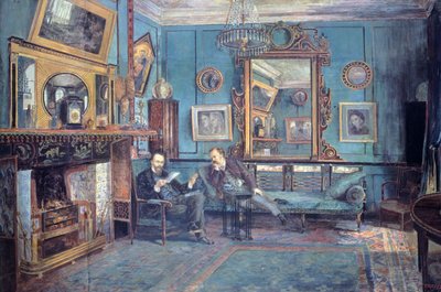 Dante Gabriel Rossetti leest gedicht voor aan Theodore Watts-Dunton in de woonkamer door Henry Treffry Dunn