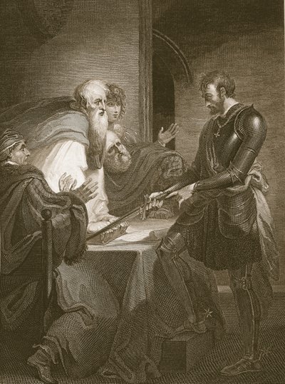 Earl Warenne rechtvaardigt de titels van zijn landgoederen, gegraveerd door J. Fittler, illustratie uit David Hume