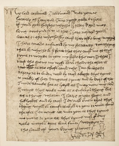 Facsimile van een brief van Hendrik VIII aan Kardinaal Wolsey gedateerd juli 1518, uitgegeven 1902 door Henry VIII