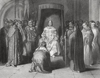 Koning Richard II die de koningen van Connaught, Ulster, Thomond en Leinster in 1394 tot ridder slaat, 