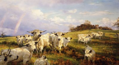 Wilde Runderen van Chartley, Chartley Kasteel op de Achtergrond, 1902 door Henry William Banks Davis